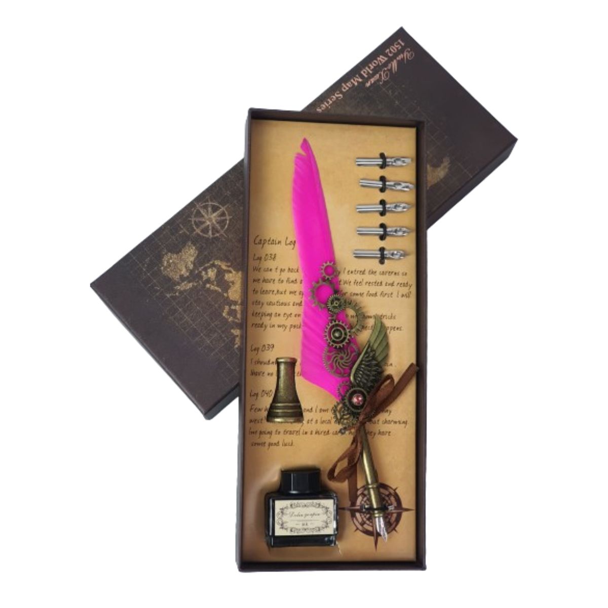 Kit Caneta Tinteiro Pena Engrenagem Rosa Kit Caneta Tinteiro Pena Engrenagem Rosa